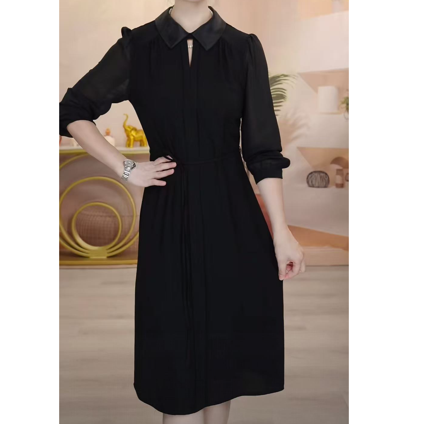 X0908  高腰水滴领套头短袖高弹力御姐风西装裙拼接连衣裙