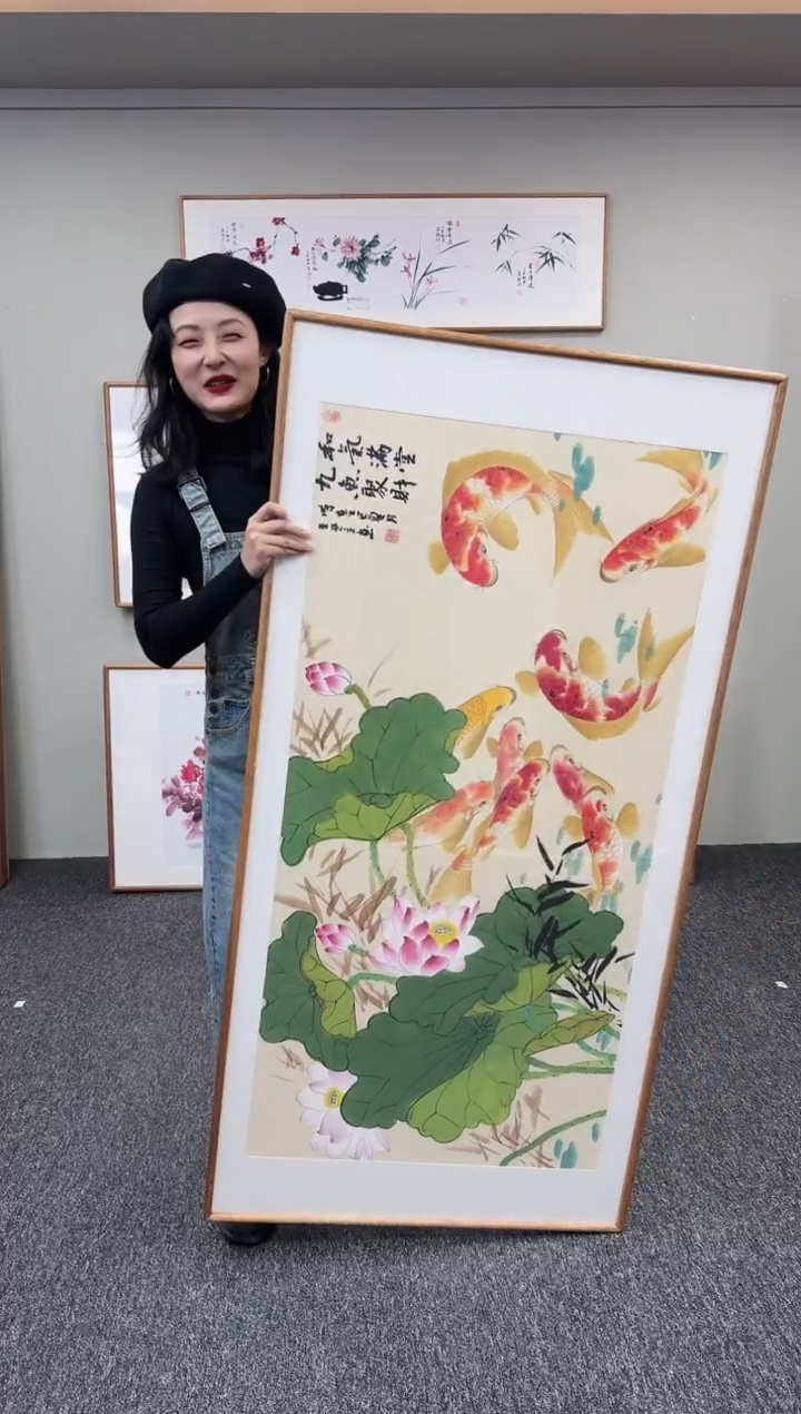 国画荷花九鱼图155*78