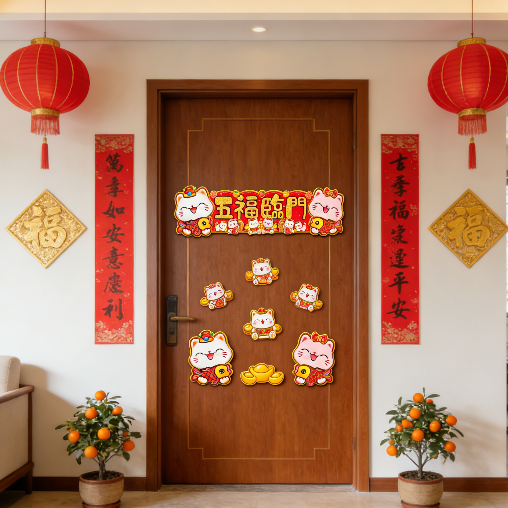 招财猫毛毡横联对联家用春节门贴入户装饰高档新款