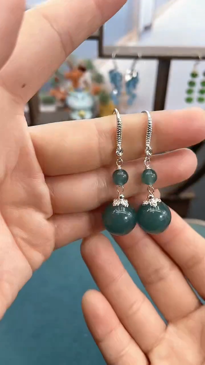 银S925镶嵌翡翠耳饰14mm蓝水双珠