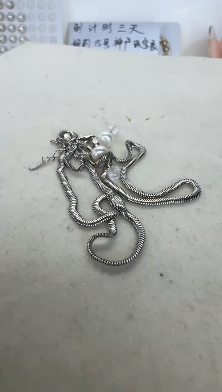 银S925镶嵌淡水珍珠耳饰链子+耳钉