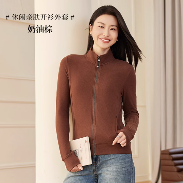 DJN9098秋冬新长袖女外套上衣百搭桑蚕丝德绒黑科技休闲拉链开衫