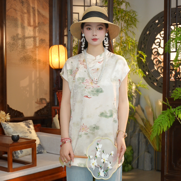 并蒂芙蓉 中长款提花斜襟盘扣短袖T恤3509