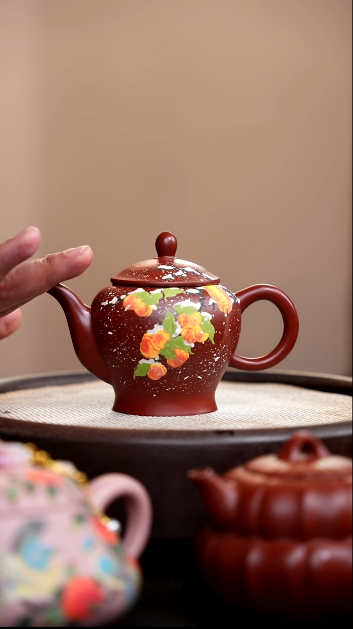 茶壶紫砂朱泥宫灯泥绘雪景柿子