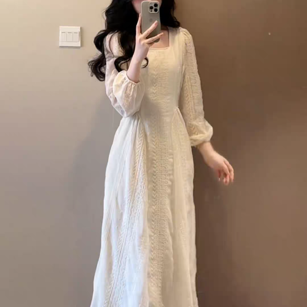 【F1027]法式温柔杏方领裙子女秋冬2025韩系千金感收腰气质长裙