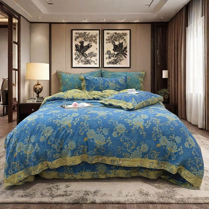 无品牌【茉上花开】结婚婚庆高档A类全棉色织提花双层纱秋冬四件套