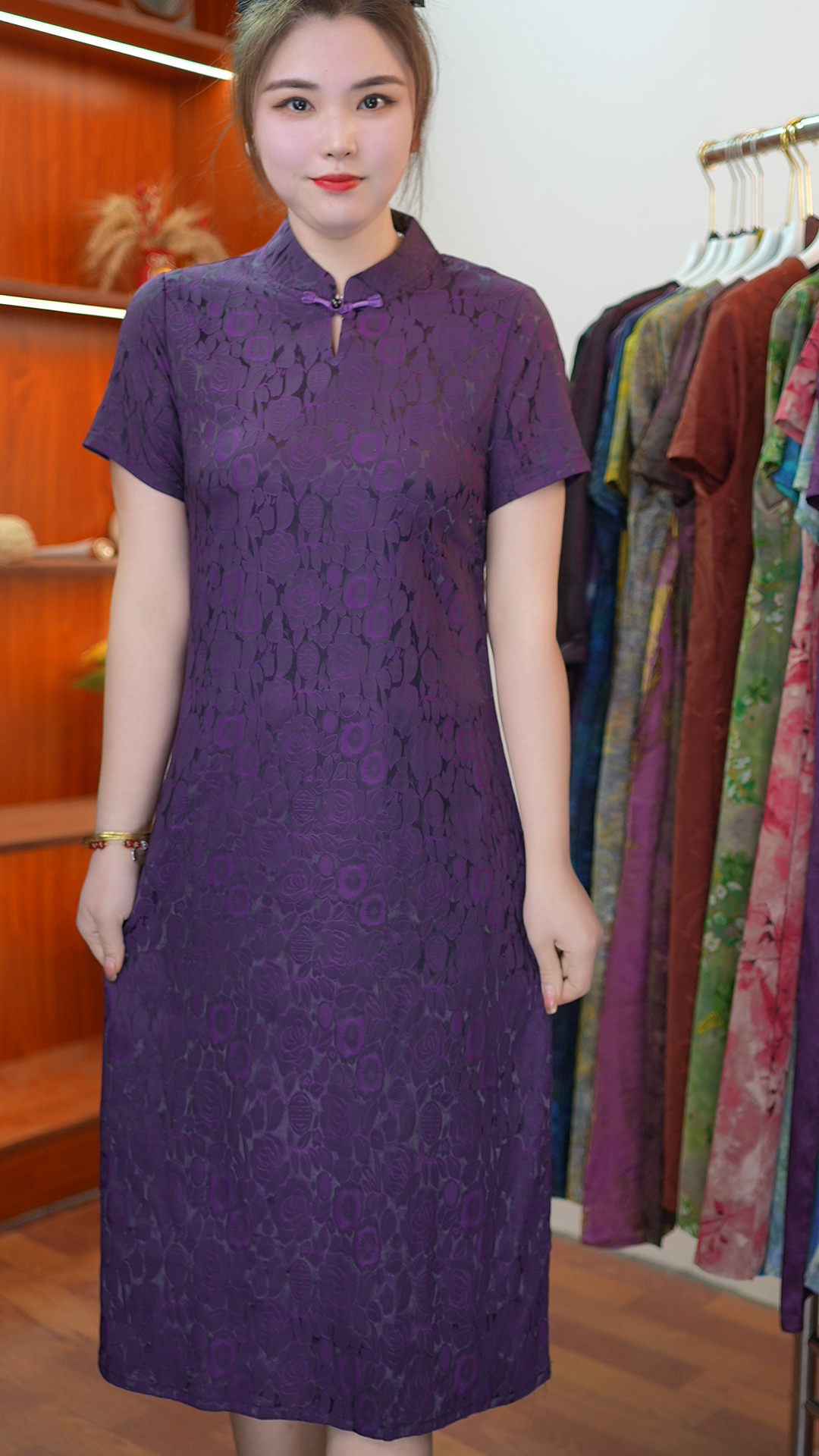 【紫色有钱花旗袍】2025夏季新款时尚气质显瘦百搭中长款连衣裙
