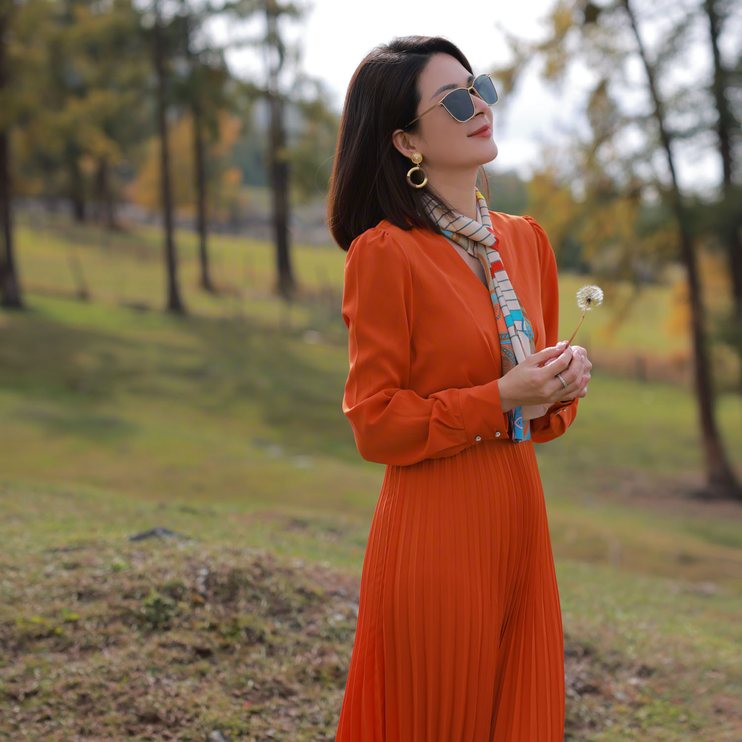 ANGELIAORIGINALV领重工压褶气质轻奢显瘦配丝巾连衣裙#287