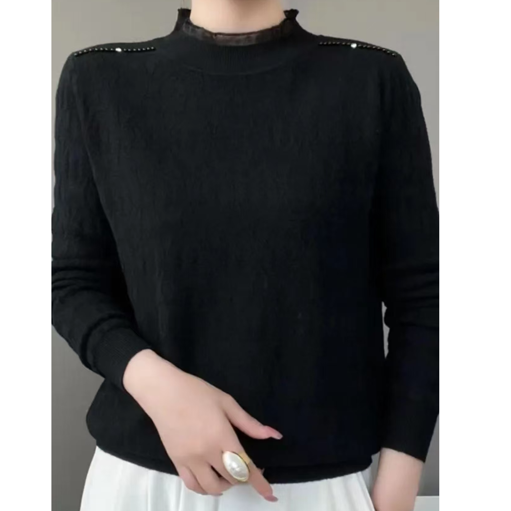 【S1341】半高领毛衣女加厚打底衫秋冬新款钉珠针织衫内搭洋气上衣