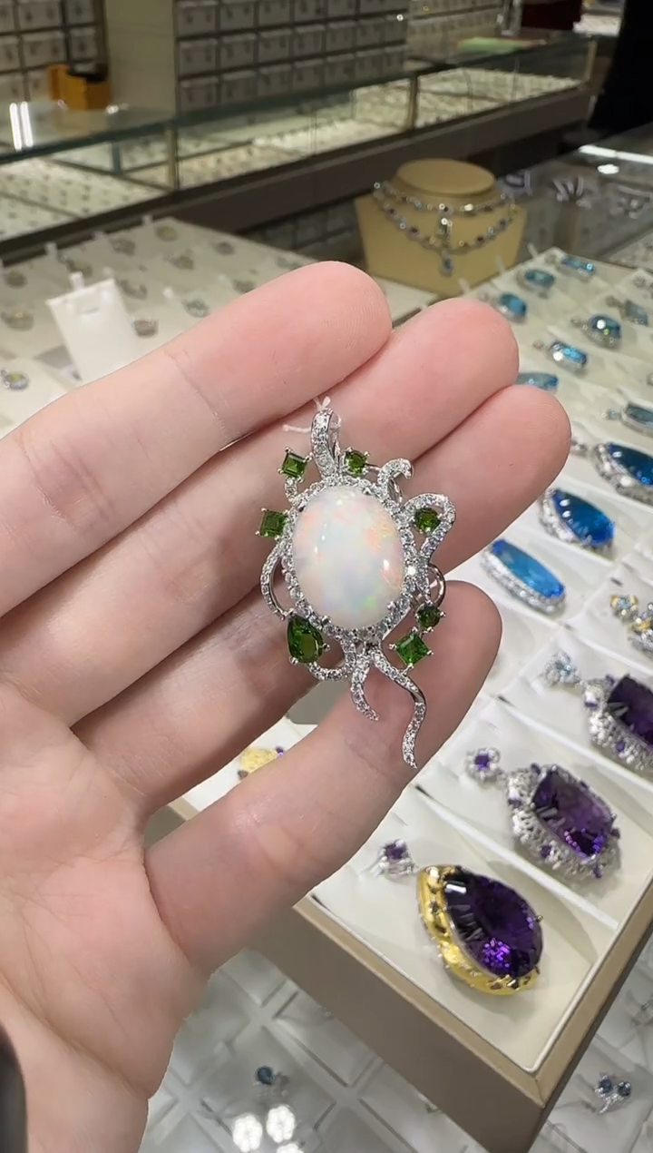 银S925镶嵌欧泊珠宝奇石12*16mm设计款吊坠