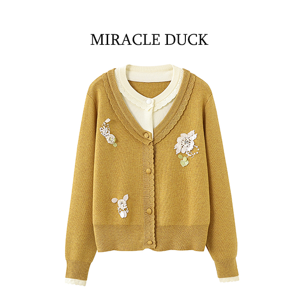 1号【流金花影】春秋冬时尚姜黄色钉珠拼接V领长袖针织开衫C1858