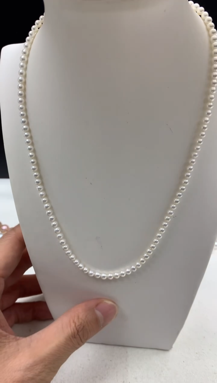 18K金镶嵌ff淡水珍珠白珠串链3~4mm 