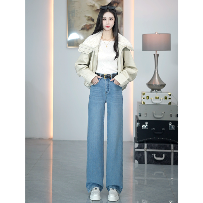 2025年秋冬新款四面弹牛仔裤女莱赛尔弹力中高腰窄版直筒裤拖地裤