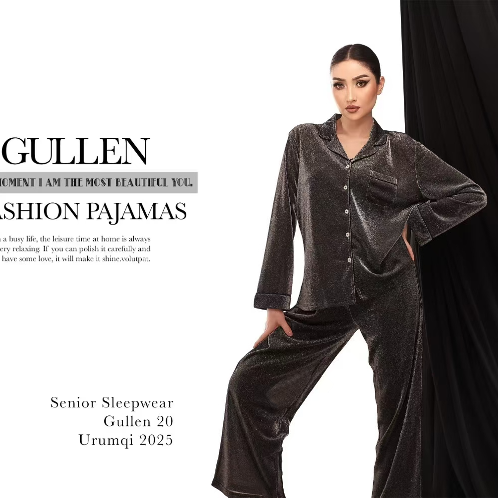 GULLAN闪光睡衣气质长袖休闲金丝秋冬时尚轻奢黑色阔腿女士提花