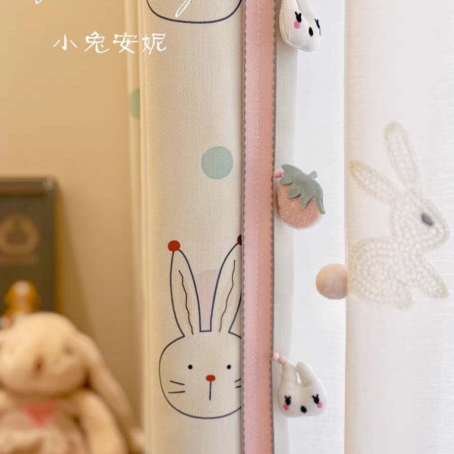 软萌印花小兔安妮 奶油可爱儿童房遮光雪尼尔卡通女孩房窗帘