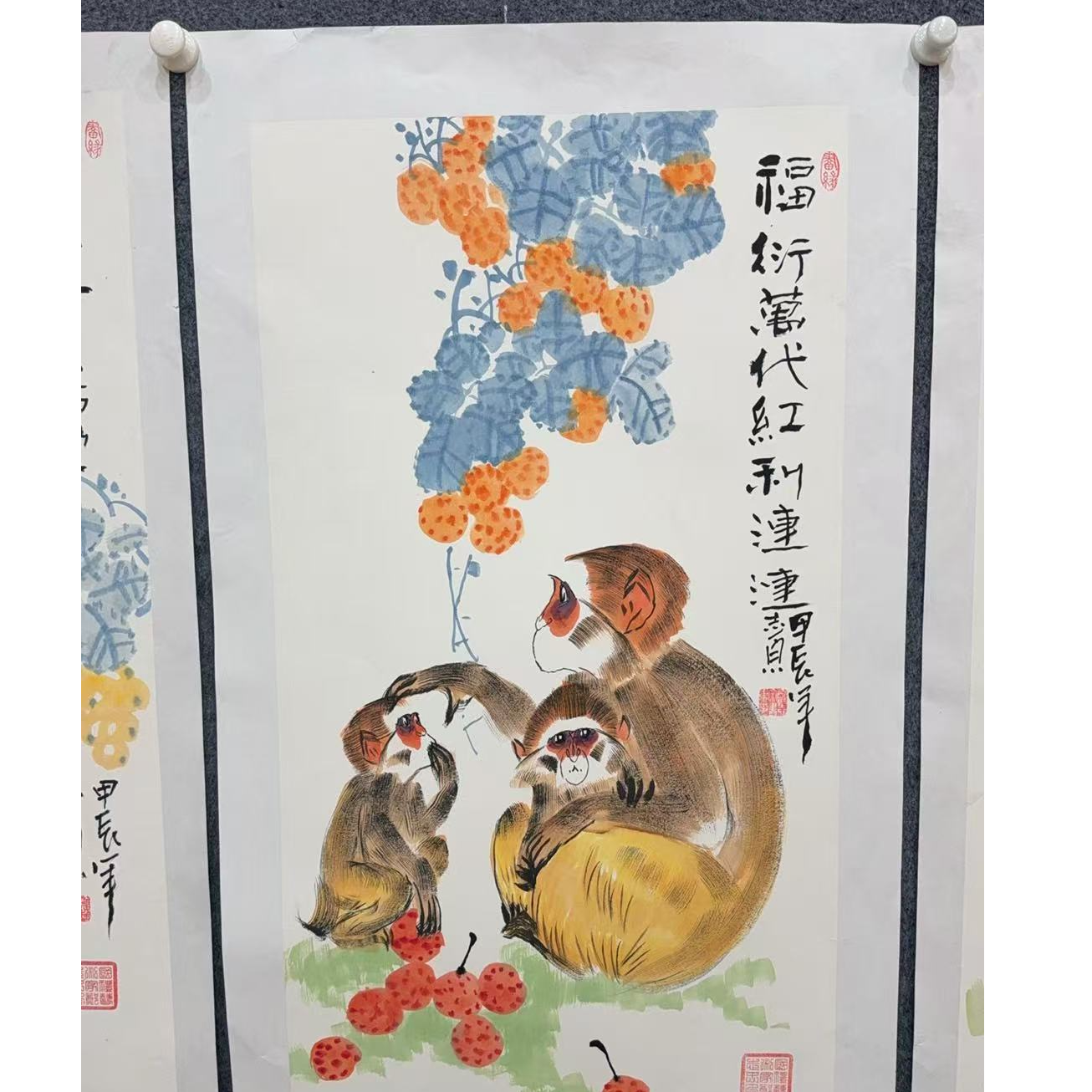 《金丝猴福衍万代》-郑志宗-纯手绘国画作品-三尺竖幅-白宣