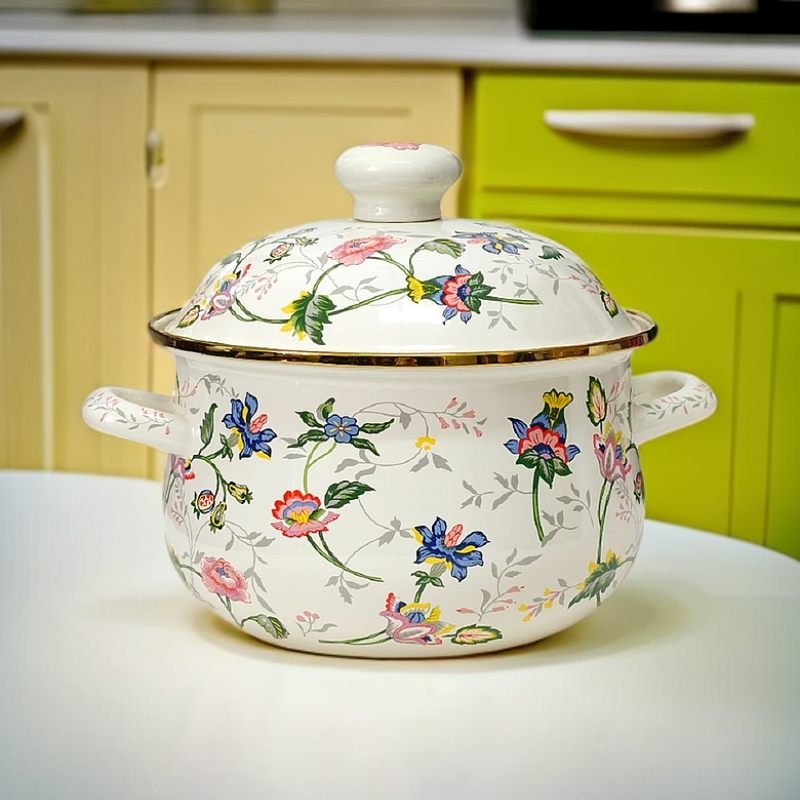 22CM搪瓷高颜值米奇花图案汤锅金边搪瓷盖炖锅明火电磁炉可用 