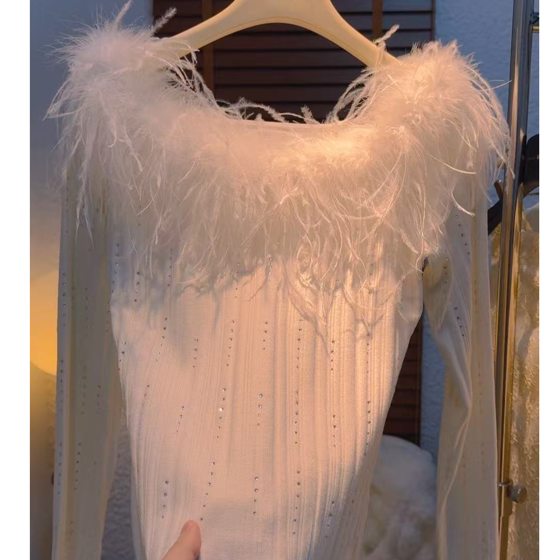 7510宽松百搭纯色长袖薄款拼接毛针织衫泡泡袖镂空圆领女装上衣