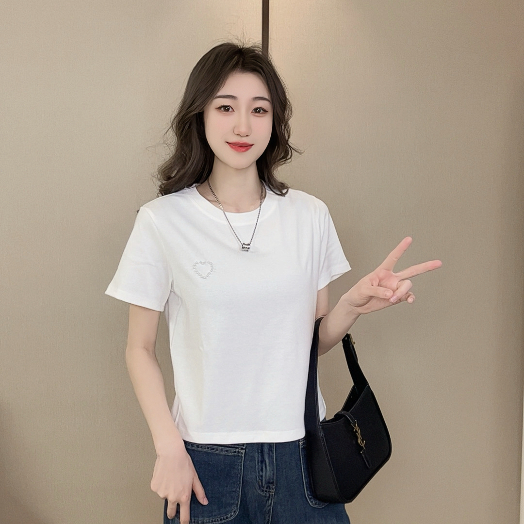 珍珠爱心短袖T恤显瘦短款纯棉时尚百搭夏季修身圆领休闲小众简约