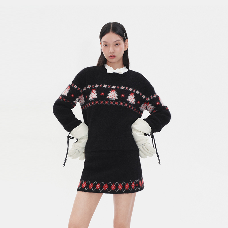 河岸家买手店Herlian宽松圣诞树图案圆领套头针织衫女25秋冬新款