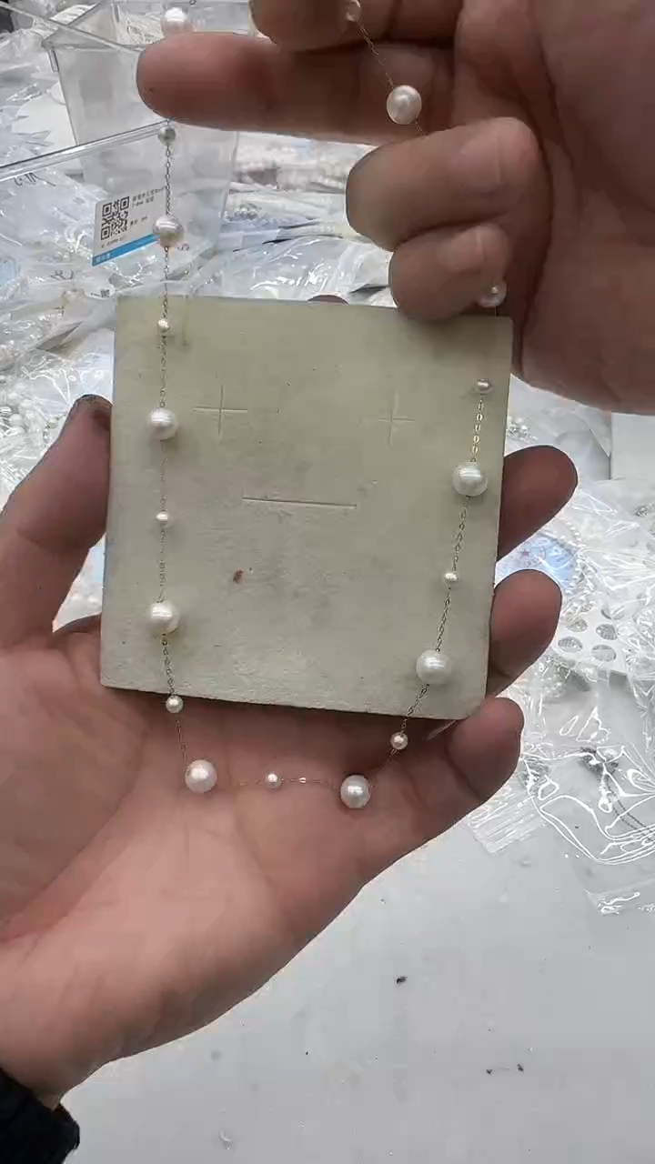 项链银S925镶嵌淡水珍珠4-8mm 大小满天星-孤品