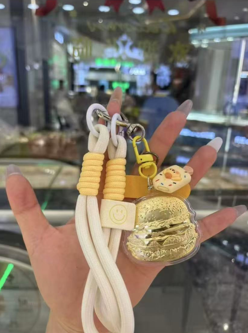 【水贝黄金】黄金999汉堡20mg手机链车挂包挂钥匙扣特色礼物