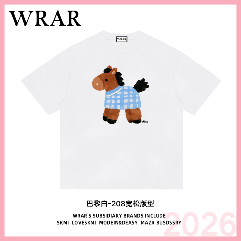 【蓝格子小马】新品潮流流透气宽松T恤白色休闲情侣个性印花