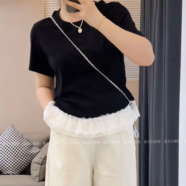 宽松显瘦拼接蕾丝边圆领短袖T恤上衣