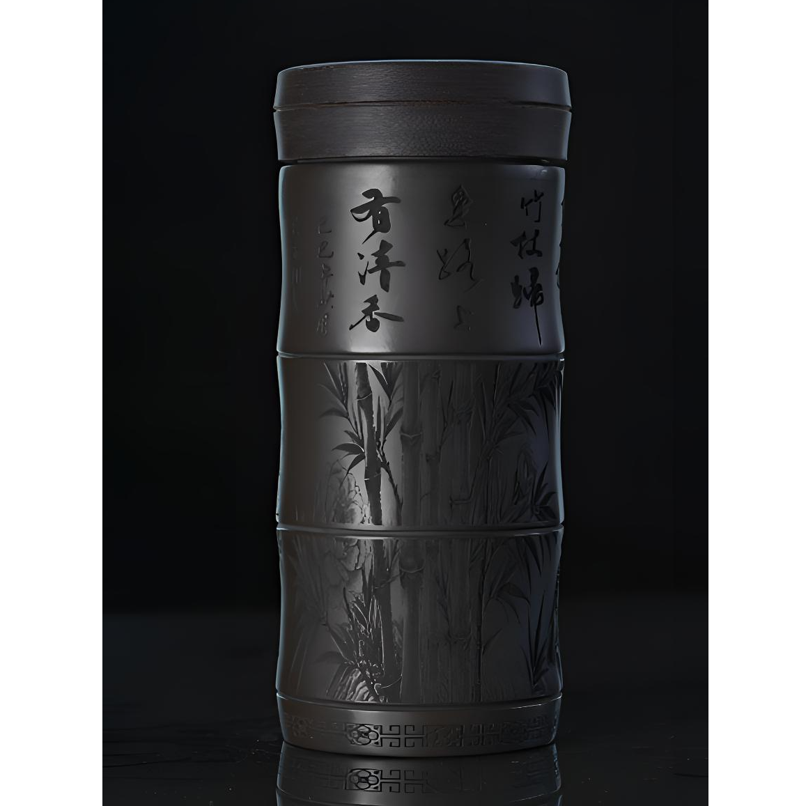 【三节竹刻绘竹】宜兴紫砂双层石黄刻绘便携养生直筒随行杯