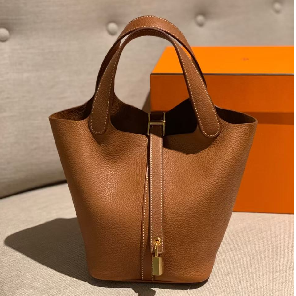 99新 Hermes/爱马仕 爱马仕菜篮子18马鞍皮金棕Z手提包8830082