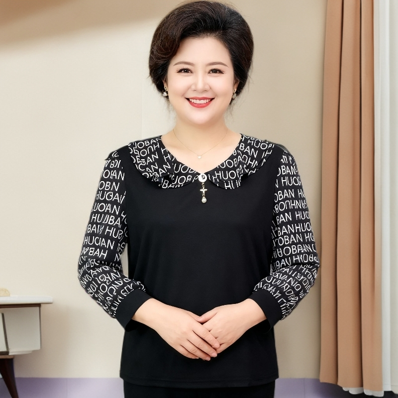 中老年女装七分袖拼接字母翻领妈妈装上衣针织面料宽松显瘦