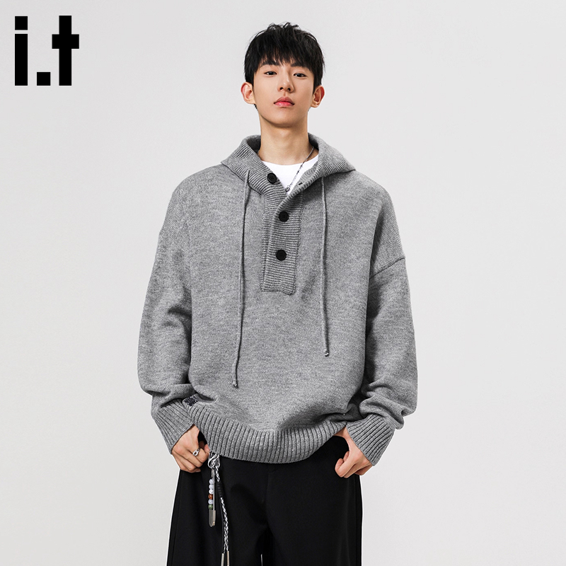 it izzue毛衣连帽衫慵懒纯色老钱风秋冬套头衫休闲情侣同款针织衫