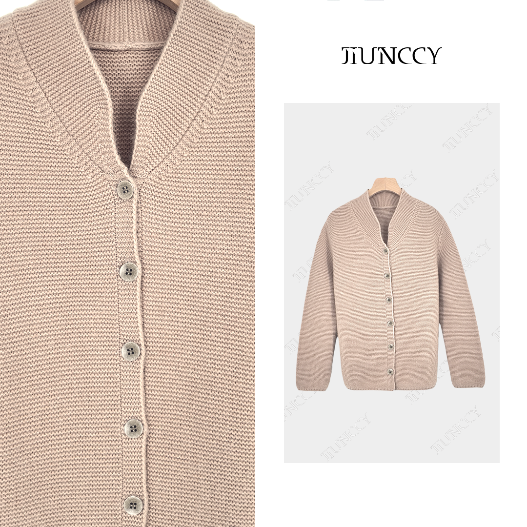 JIUNCCY【木瑾】100美丽诺绵羊毛正反针肌理中式领毛衣开衫52YZZ215