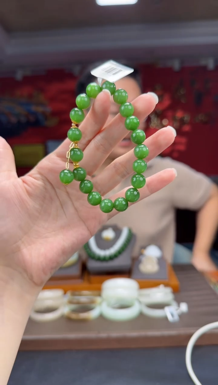 18K金镶嵌手串和田玉碧玉粉绿diy单圈手串