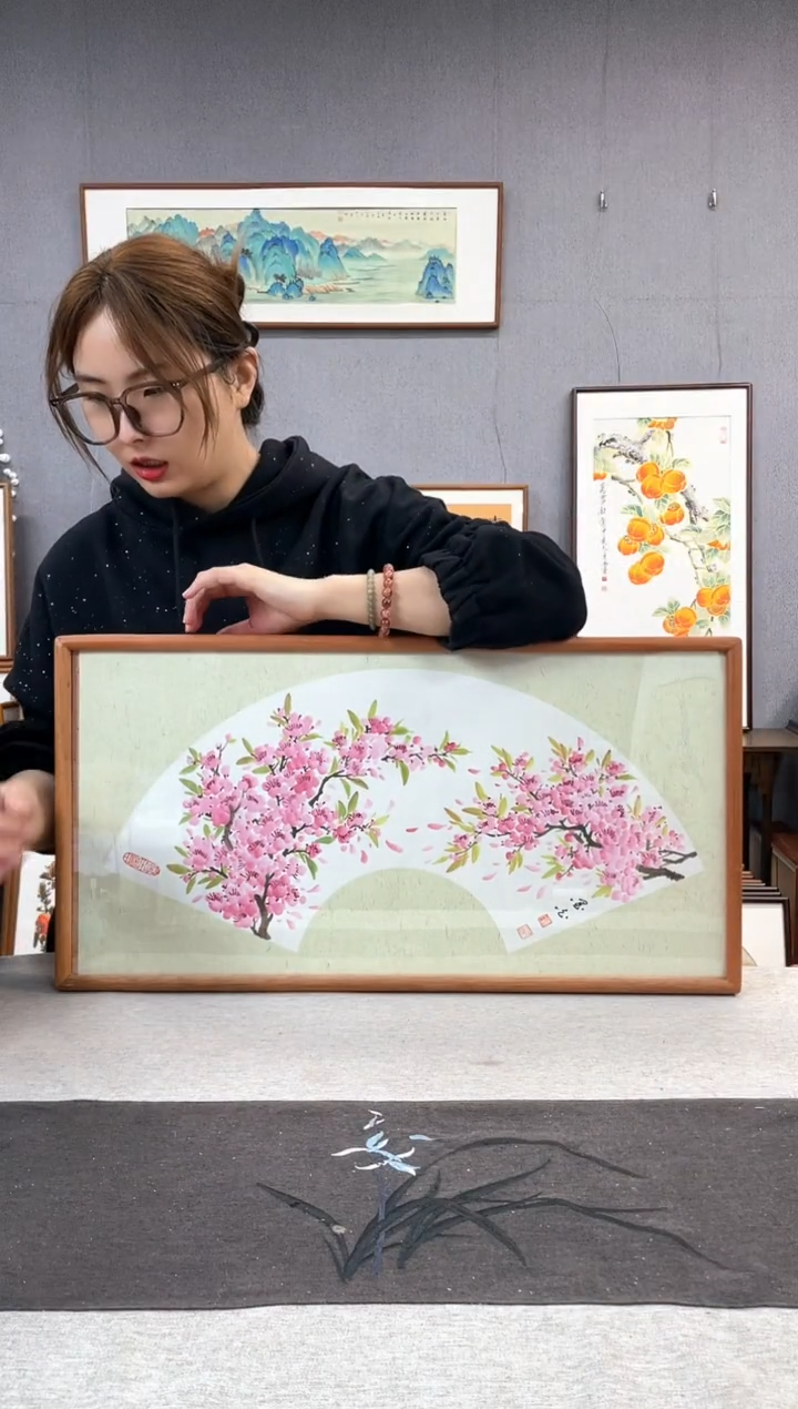 【闪购商品】国画周跃飞-纯手绘带框作品-35*68-桃花