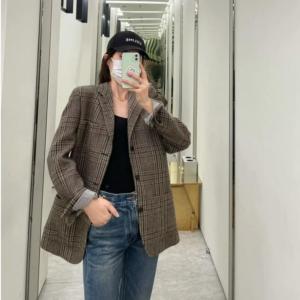 全新未使用 Celine/思琳 格纹外套 卡其色/34