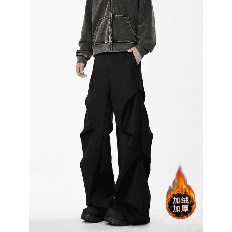 美式cleanfit褶皱裤子男秋冬加绒休闲微喇裤高级感黑色中性风西裤