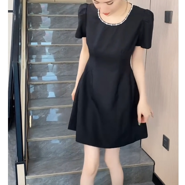 通勤短袖夏季蕾丝拼接连衣裙收腰先生黑色连衣裙FJ71703