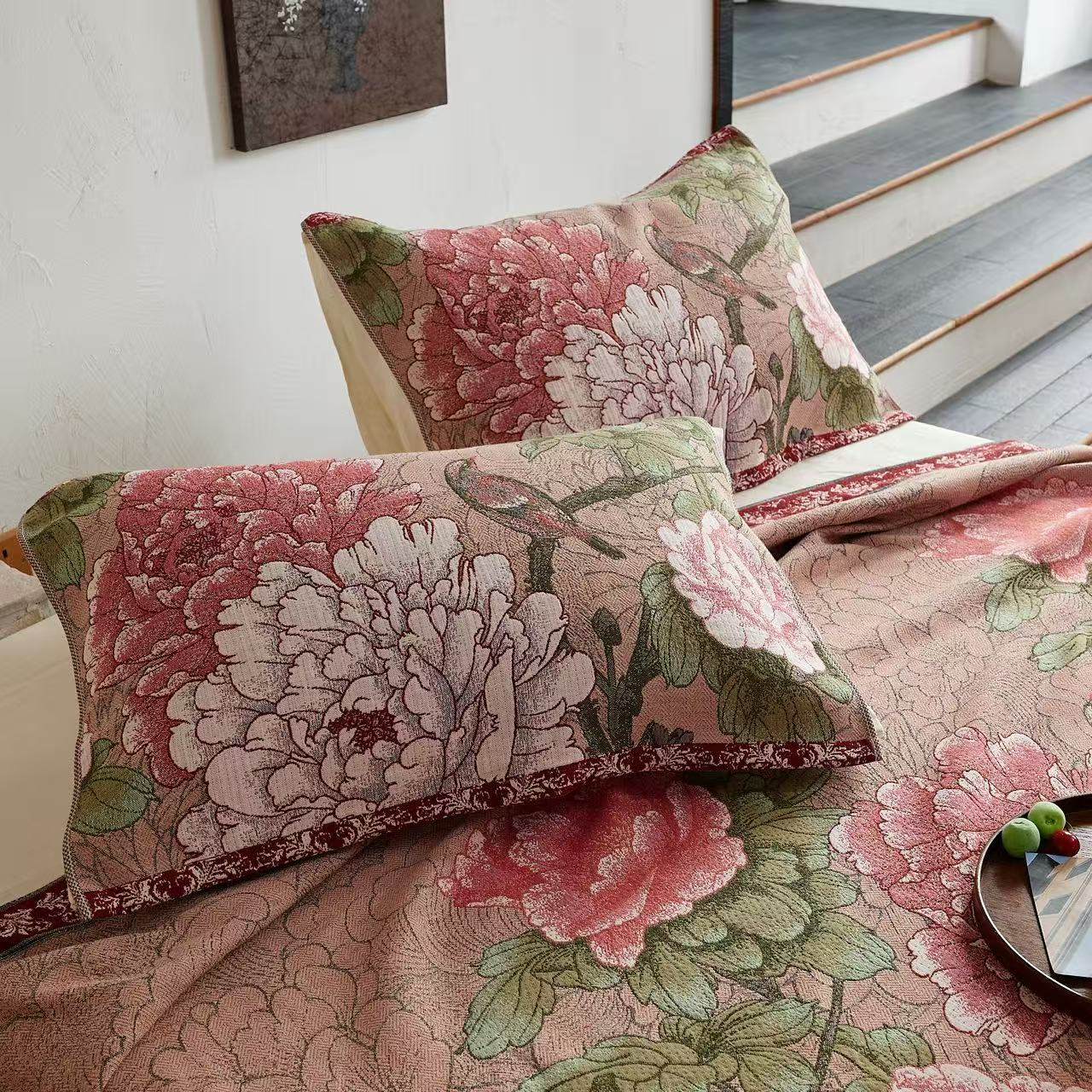 佛罗伦萨纱布枕巾--富贵牡丹