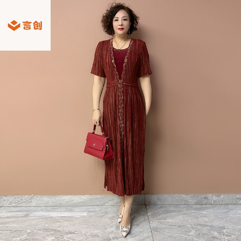 325中年妈妈夏装洋气长裙子收腰显瘦修身裙新品南韩丝镶钻连衣裙