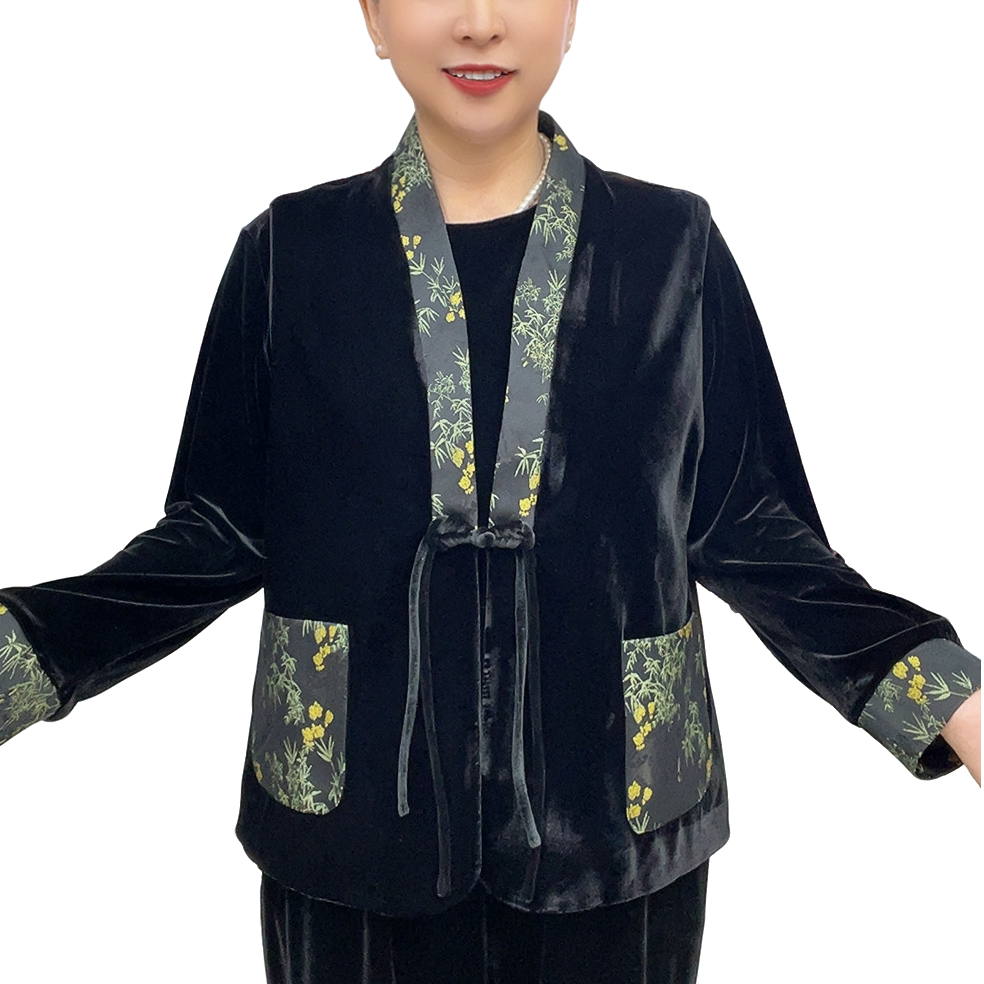繁花似锦丝绒两件套拼接马甲套装妈妈装气质时尚坎肩