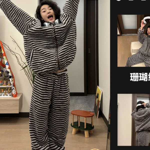 【清】高克重双面长毛绒条纹睡衣女款冬季加厚套装家居服保暖长袖