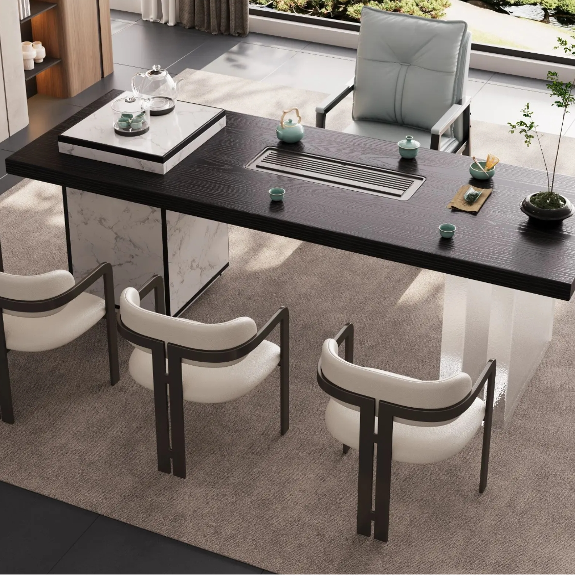 极简意式乌金木茶桌岩板岛台桌组合大板创意艺术茶台轻奢现代茶桌