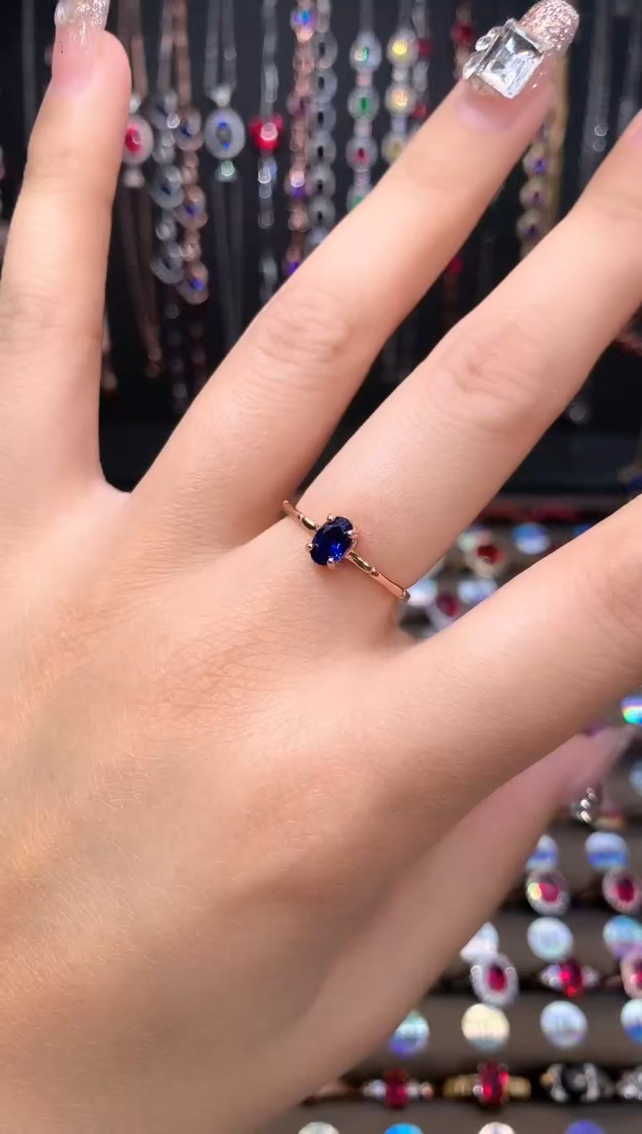 蓝宝石戒指银S925镶嵌玫瑰金46