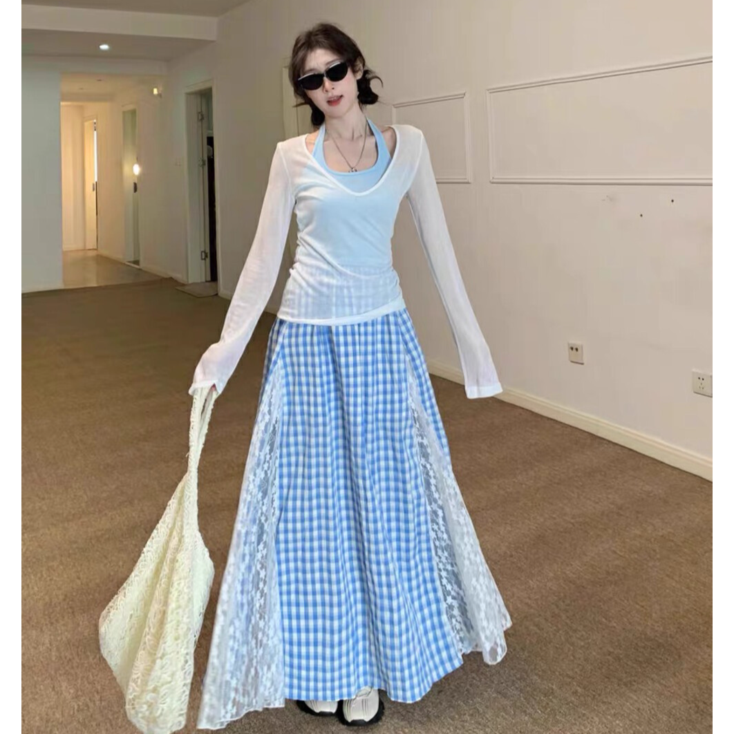 欧若风白色罩衫T恤女背心春季蕾丝拼接格子半身裙三件套装A1215