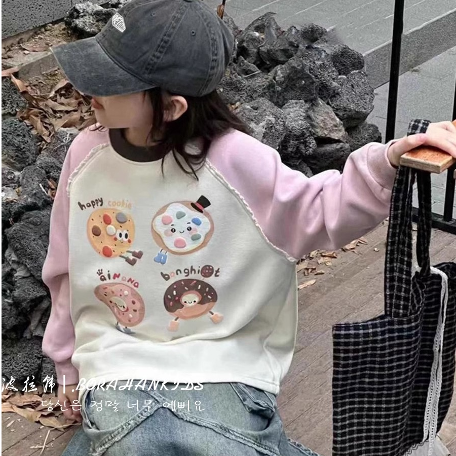  BORAHANKIDS甜甜圈拼接卫衣2025儿童拼色加绒中大童宽松上衣