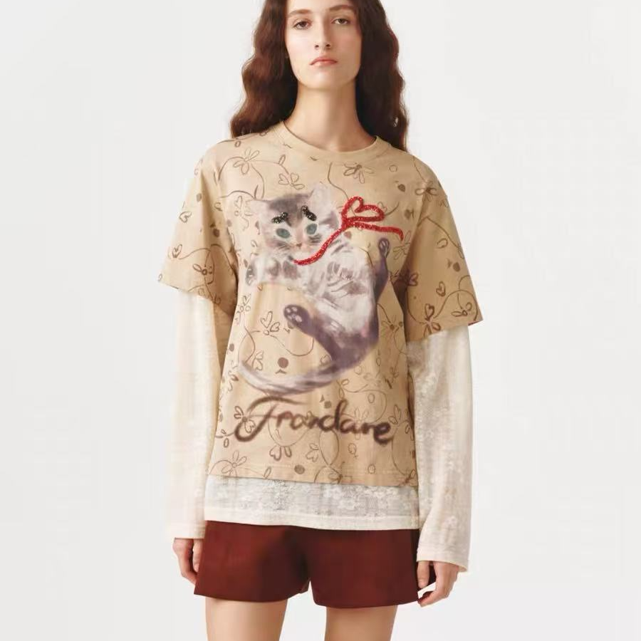 FORDARE/福蝶26春夏手绘感复古墙纸花小猫假两件T恤1099
