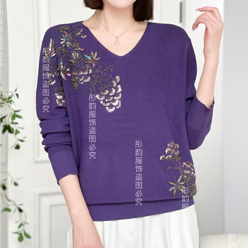 T351针织秋季毛针织衫百搭春季长袖烫钻套头款上衣时尚