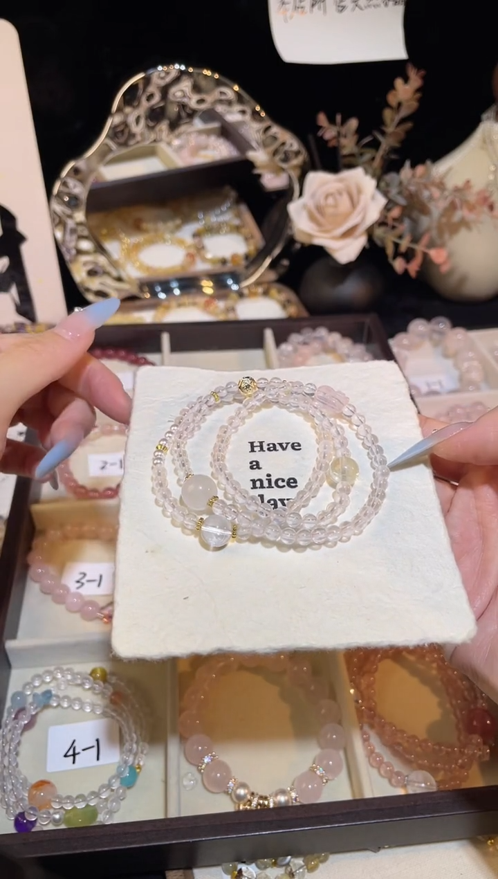 手链未镶嵌水晶粉水晶三圈貔貅手链