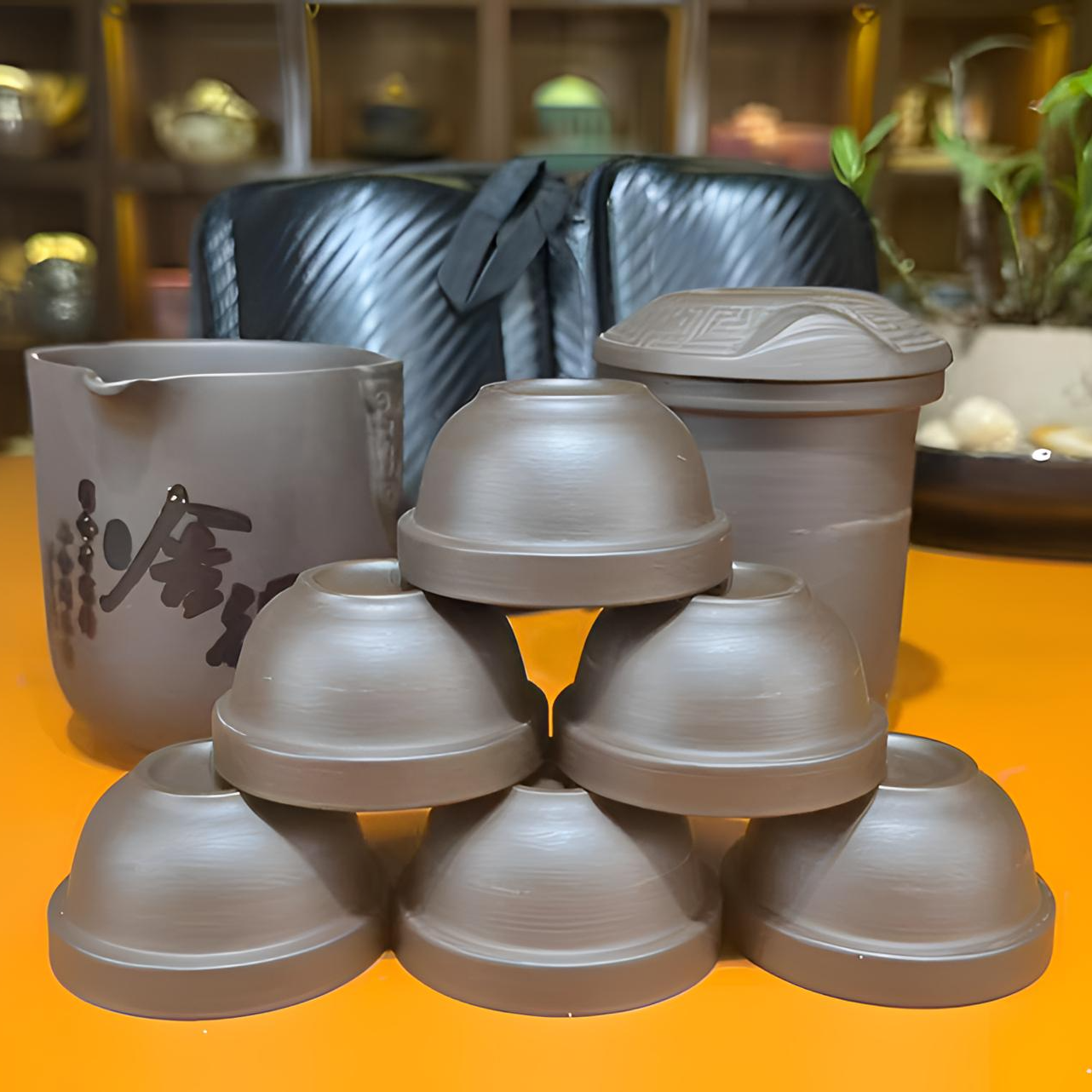 KK0889-舍得紫砂一壶六杯旅行套(带包)（3+6）陶瓷高档主人杯防烫